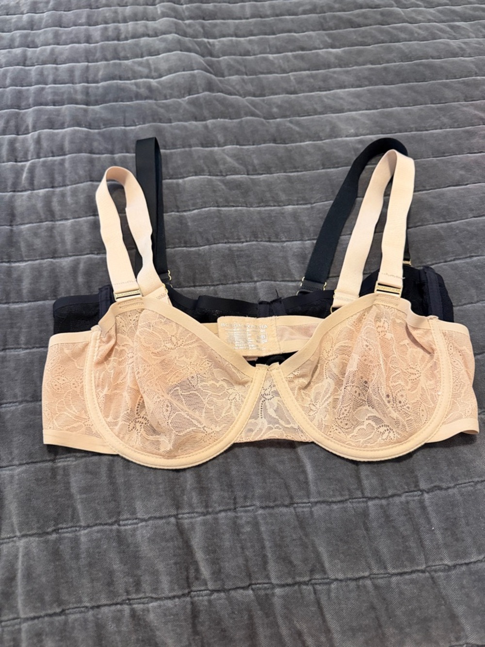BCBG Sheer Lace Underwire Bra in Nude and Black.